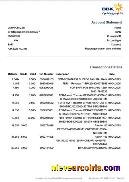 Bahrain Bank of Bahrain and Kuwait (BBT) account statement Word and PDF